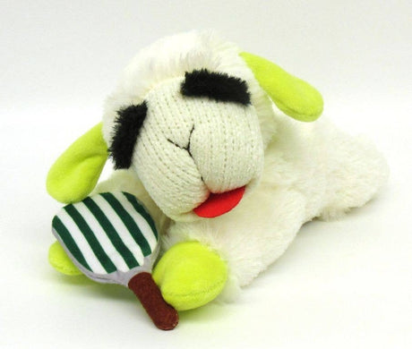 Plush lamb dog toy with green pickleball paddle and ball details