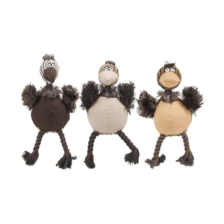 Three plush critter toys with brown, tan, and beige bodies, fuzzy limbs, and rope hands