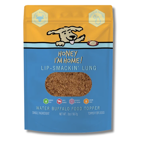 Honey I'm Home water buffalo food topper pouch, blue and gold, brown kibble window, lung