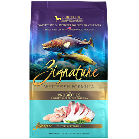 ZIGNATURE Whitefish formula dog dry food bag, front label with fish and probiotics text