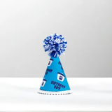 Blue cone party hat with blue pom-pom and “Birthday Boy” print