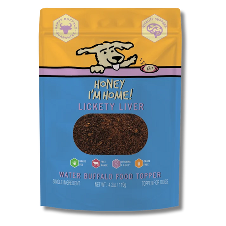 Honey I'm Home water buffalo food topper pouch, blue and gold, dark kibble window, liver