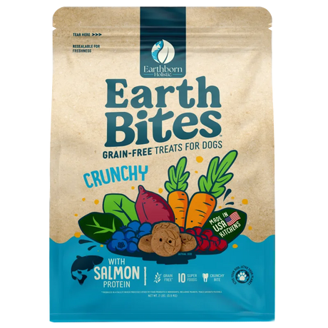 Earthborn EarthBites crunchy salmon dog treat bag, resealable grain-free pouch