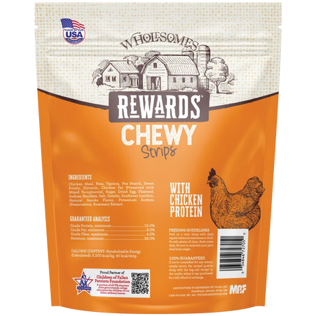 Orange dog treat pouch back with ingredient and feeding info labeled chicken protein