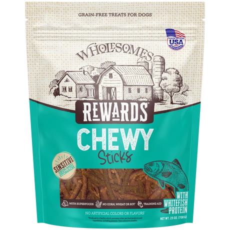 Wholesomes Rewards chewy sticks dog treats bag, whitefish protein, teal and tan design