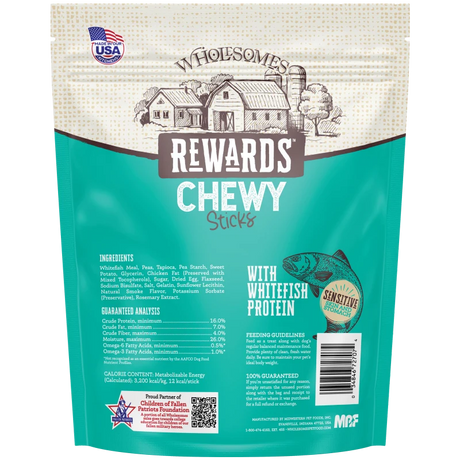 Wholesomes Rewards chewy sticks dog treats bag back, teal and tan with ingredient panel