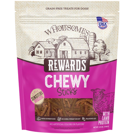 Grain-free chewy lamb stick dog treat pouch, purple packaging, front label