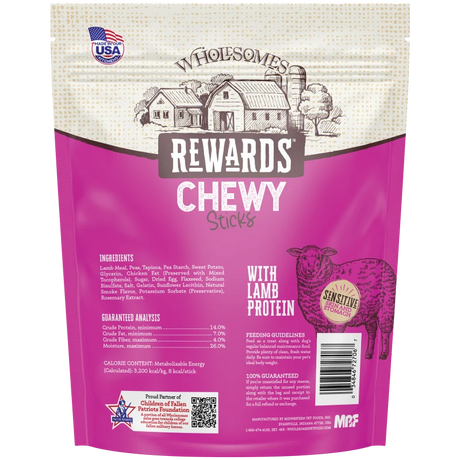Chewy lamb stick dog treat pouch, purple back panel with ingredients and feeding tips