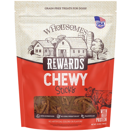 Red dog treats pouch: 'Rewards Chewy Sticks' with beef protein graphic