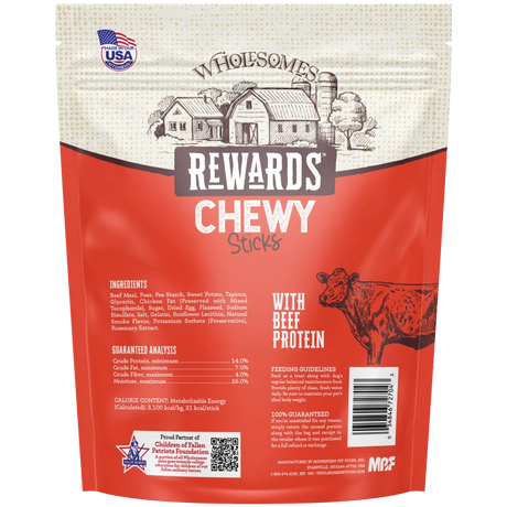 Back of red dog treats pouch with ingredients and feeding guidelines panels