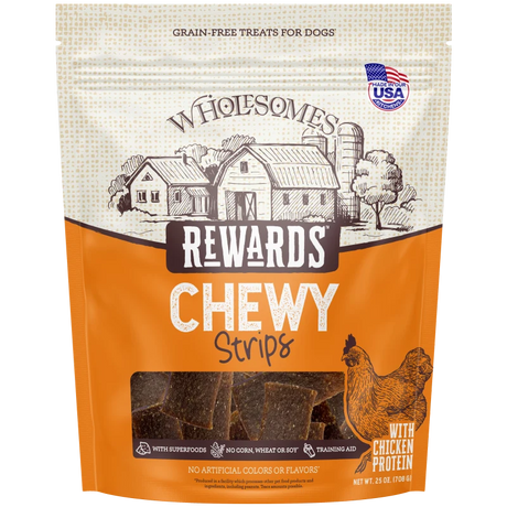 Orange grain-free dog treat pouch labeled Rewards Chewy Strips with chicken protein
