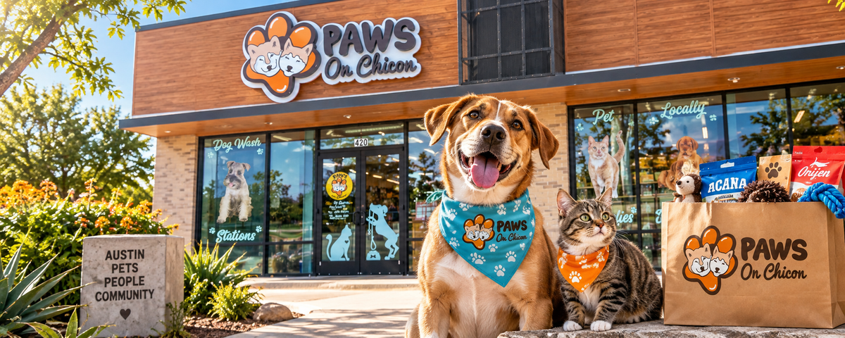 Paws on Chicon local pet store in Austin with a dog and cat outside the storefront.