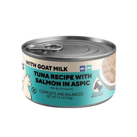 Cat food can, teal label, tuna & salmon in aspic with goat milk, 5.5 oz