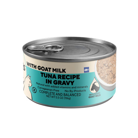 Front label can of tuna recipe in gravy with goat milk, silver lid, net Wt 5.5 oz