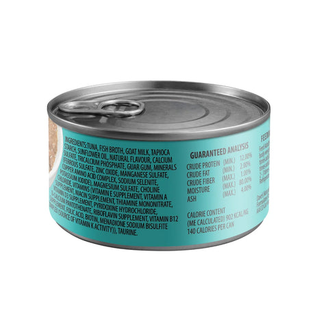 Canned tuna-in-gravy dog food with goat milk, silver lid and pull-tab; back label