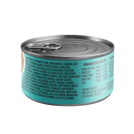 Cat food can back label with ingredients and guaranteed analysis, goat milk tuna & salmon