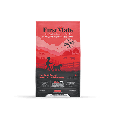 FirstMate Heritage Recipe dog food bag, red and black pouch with nutrition panel.