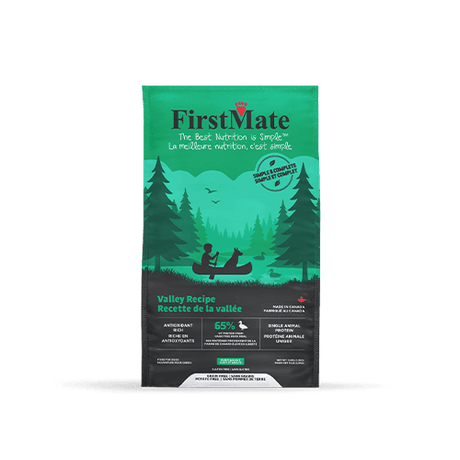 FirstMate valley recipe pet food bag with green mountain illustration