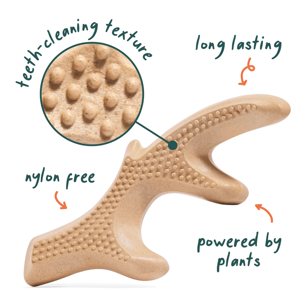 HonestChew chew toy, tan bone/antler with raised stud texture