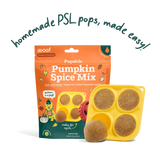 Woof Pupsicle Pumpkin Spice Mix bag with yellow mold and four frozen pumpkin treats
