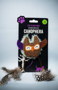 Canophera Eco-plush owl cat toy in dark brown with purple accents