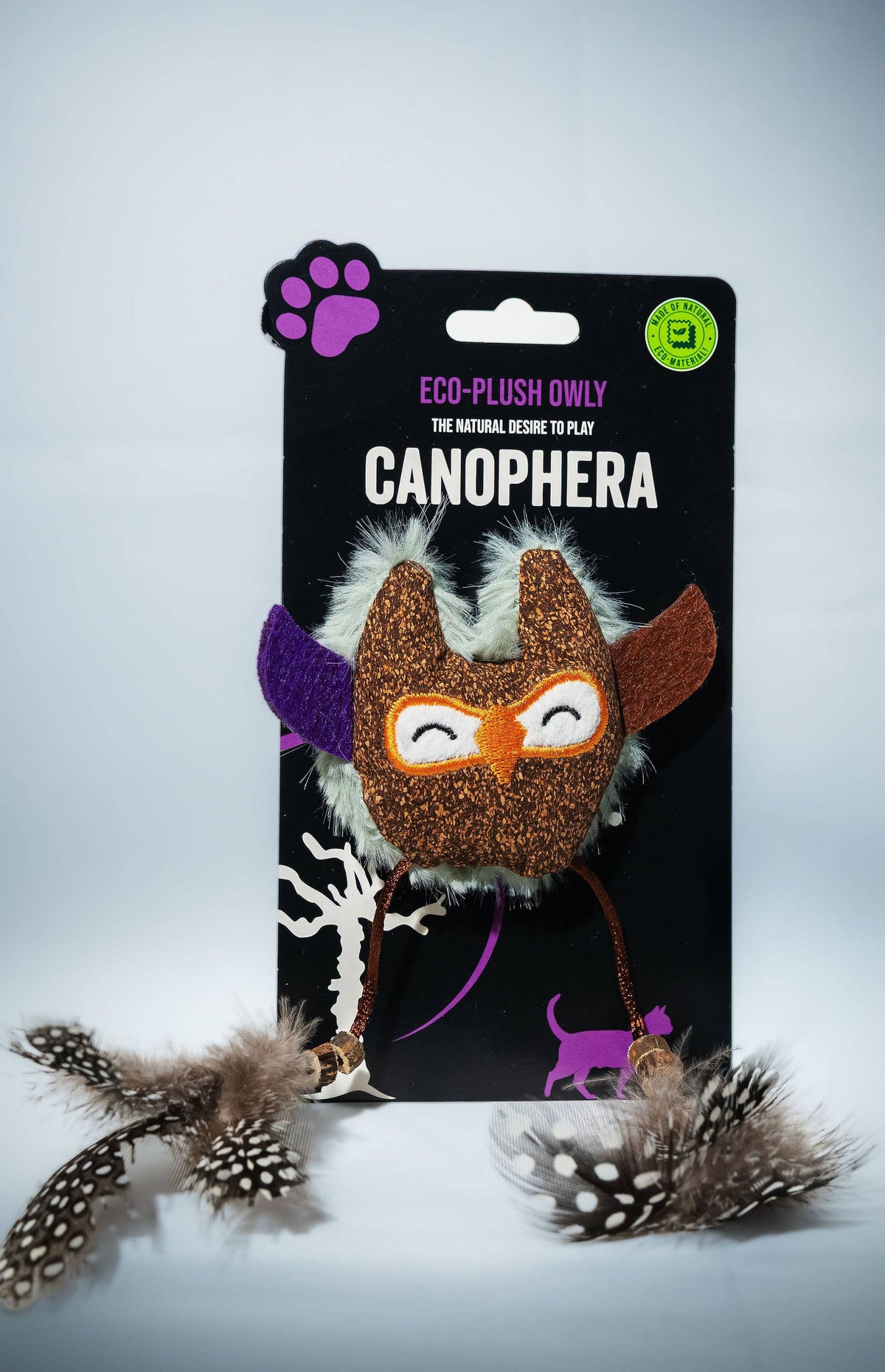 Canophera Eco-plush owl cat toy in dark brown with purple accents