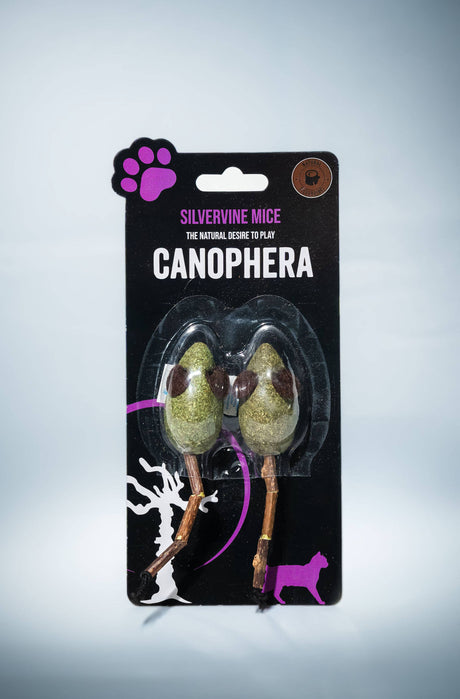 Canophera silvervine mouse cat toys, two pack; two fuzzy green mice on sticks