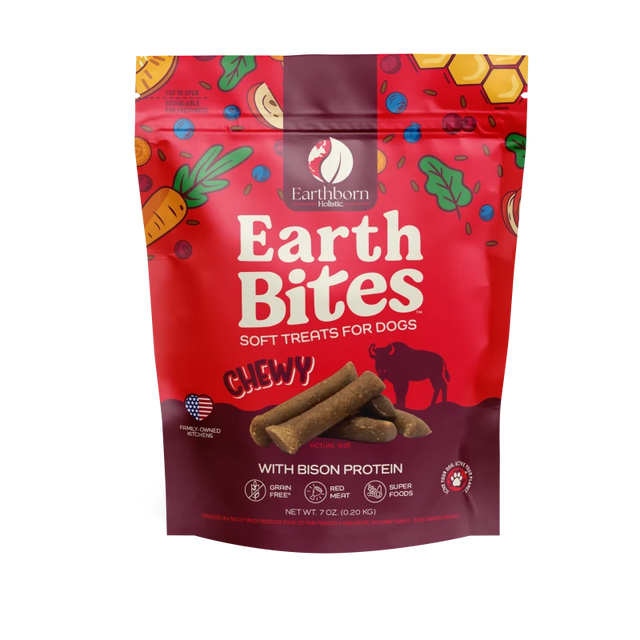 Earthborn EarthBites chewy bison protein dog treat pouch, red front with logo