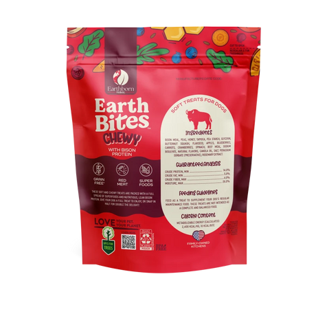 Earthborn EarthBites chewy bison protein dog treat pouch back with ingredient and feeding info