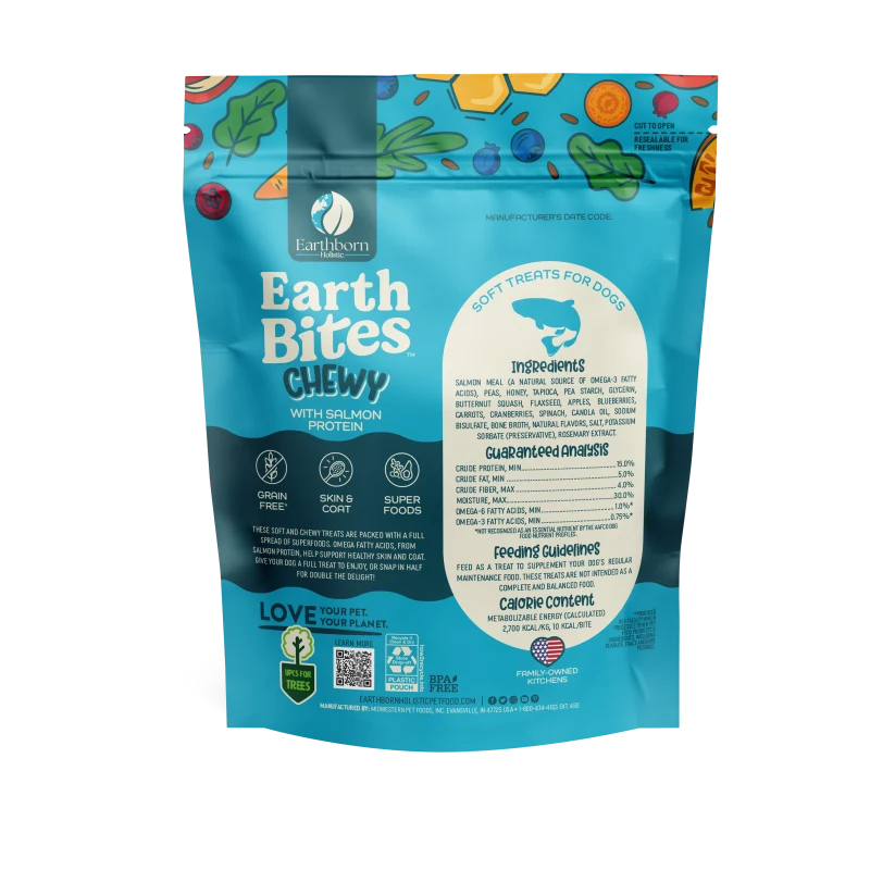 Earthborn Holistic Earth Bites chewy salmon protein dog treat pouch, back label