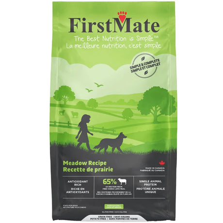 FirstMate Meadow Recipe grain-free dog food bag, front panel with feeding highlights
