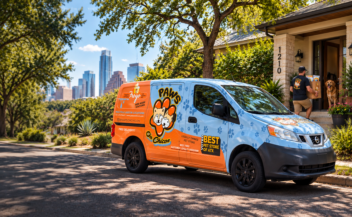Paws on Chicon delivery van making a free local pet supply delivery in an Austin neighborhood.