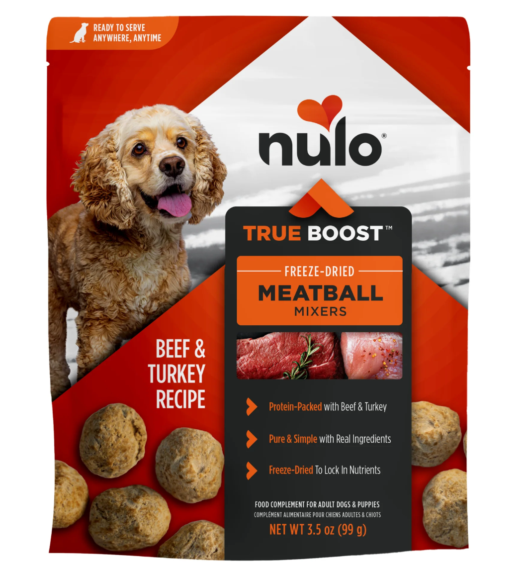 Nulo True Boost freeze-dried meatball mixers beef & turkey dog food pouch, front label