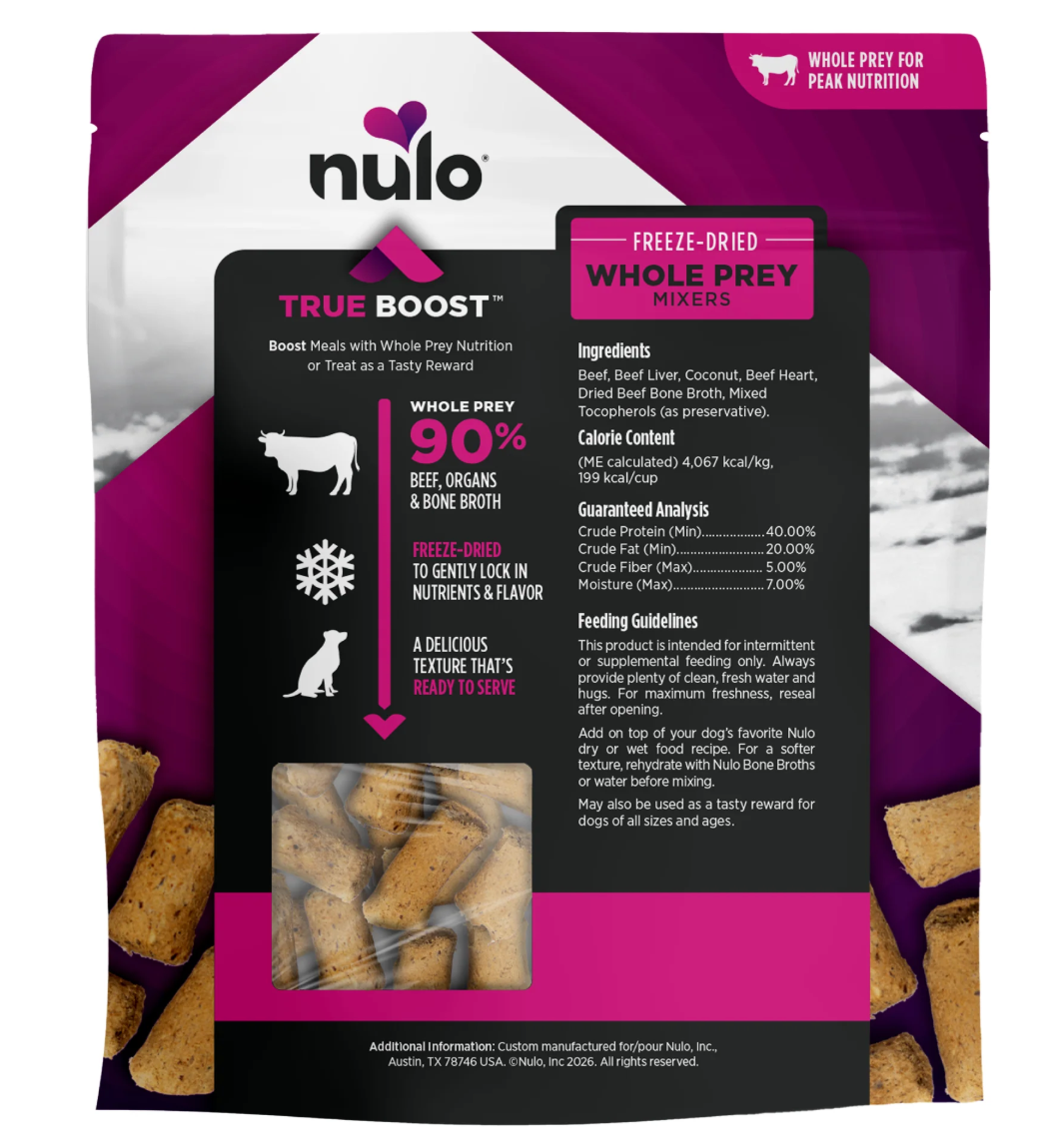 Freeze-dried dog meatball mixers pouch, whole prey ingredient panel