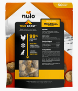 Nulo True Boost meatball mixers dog treats back panel with feeding and ingredient info