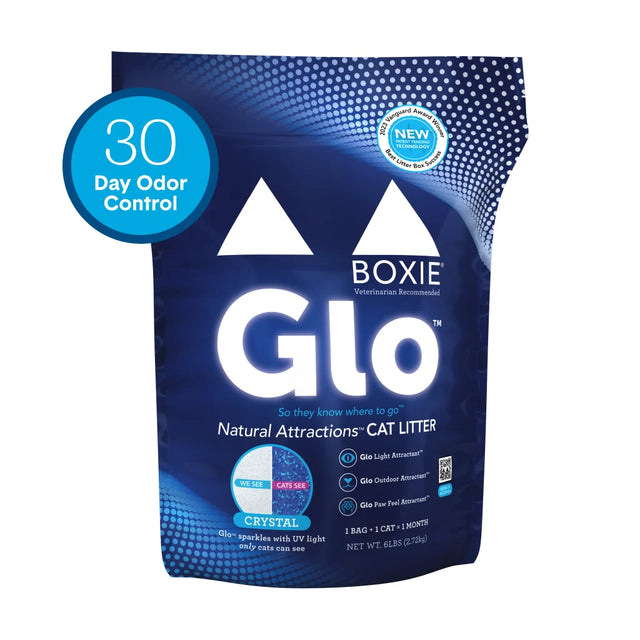 Boxie Glo crystal cat litter bag, dark blue package with Glo branding