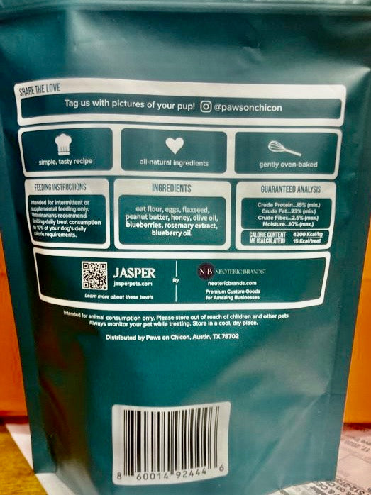 Blue dog treat pouch back panel with ingredients, analysis, and barcode.