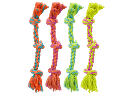 Multicolor three-knot rope dog toy with knotted loops and tassel ends