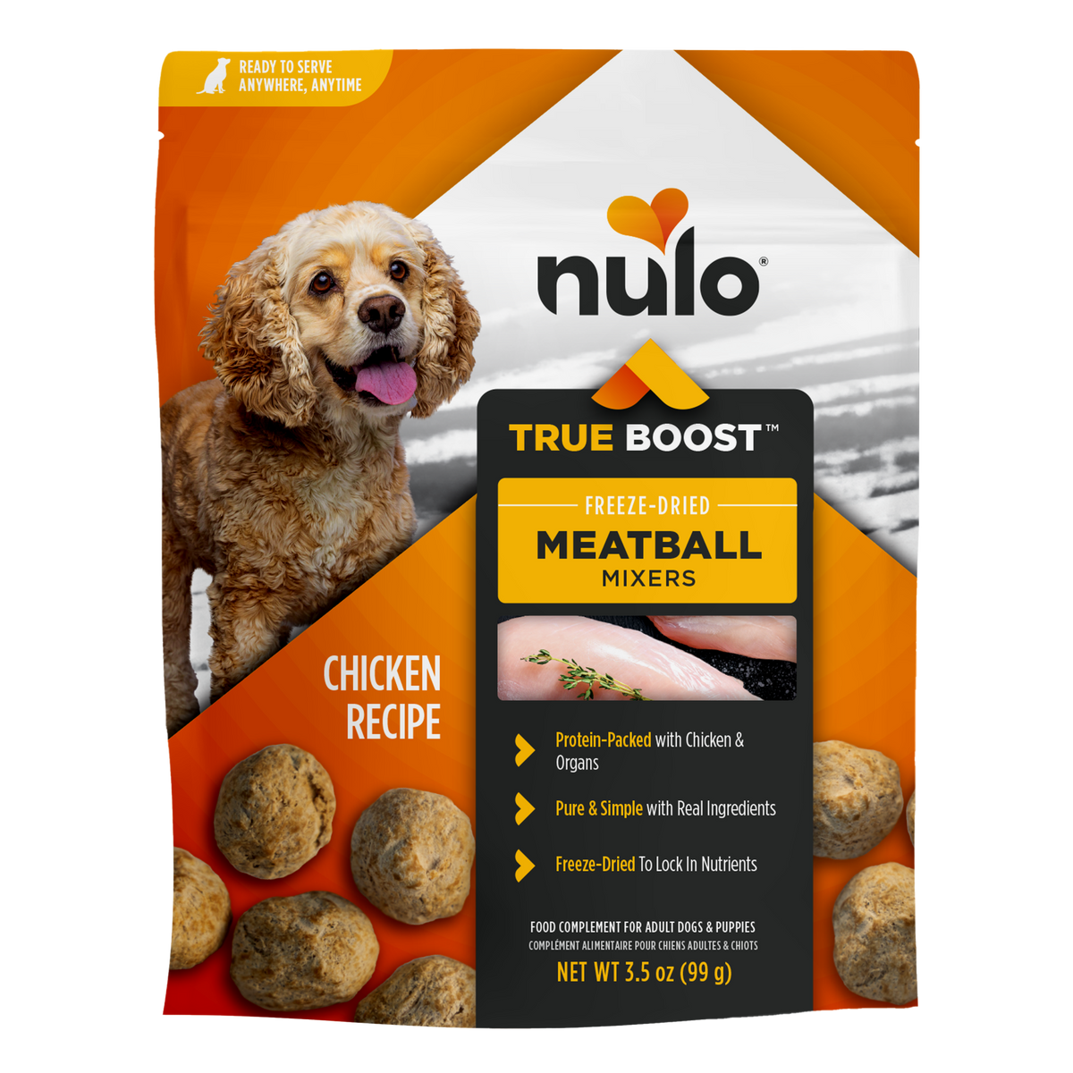 Nulo True Boost meatball mixers dog treats bag, chicken recipe, freeze-dried meatballs