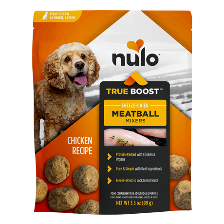 Nulo True Boost meatball mixers dog treats bag, chicken recipe, freeze-dried meatballs