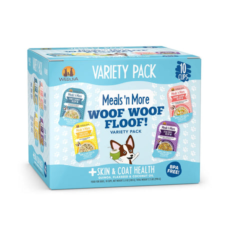 Weruva dog food variety pack box, blue Meals 'n More Woof Woof Floof, 10 cups