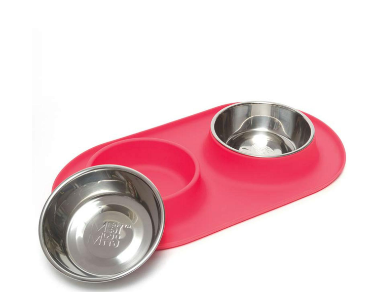 MESSY MUTTS Double Silicone Dog Feeder with Stainless Bowls - Red