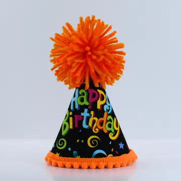 Orange pom-pom cone party hat with “Happy Birthday” print and confetti icons
